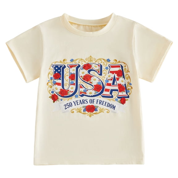 PEASKJP 4th of July Shirts for Girls Kids Boys 4th of July Shirts Toddler American Flag T-Shirt Girls Patriotic Short Sleeve Tees Cotton Top Clothes,Size 8-9 Years