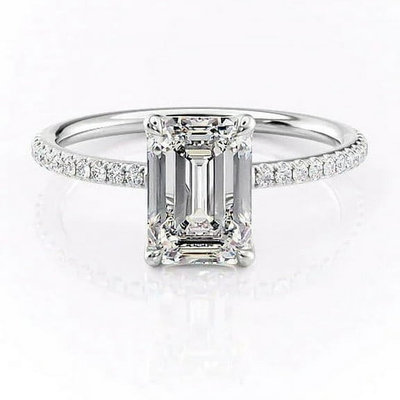 SOLITAIRE JEWELS 2Ct Emerald Cut Moissanite Engagement Ring, Solitaire Pave Accent Ring in 10K White Gold