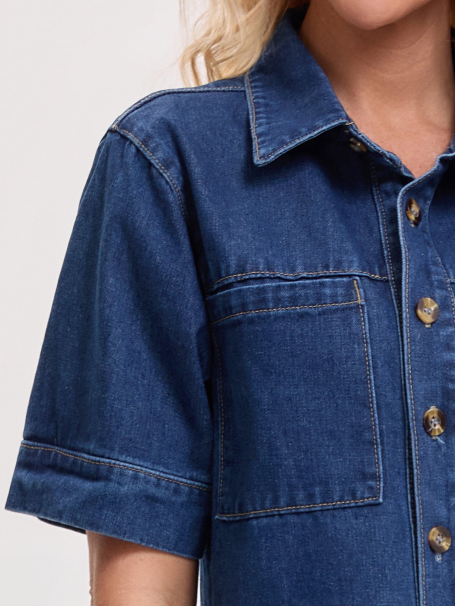 DARING DIVA Women's Short Sleeve Button Down Boxy Shirt Tops Jean Jacket M Dark Blue