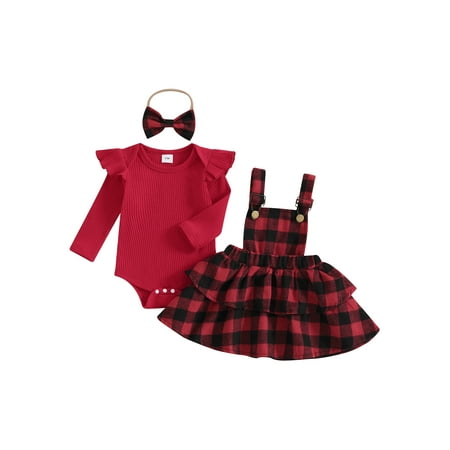 

CocMouse Baby Girls Fall Outfit Romper and Plaid Suspender Skirt Cute Headband