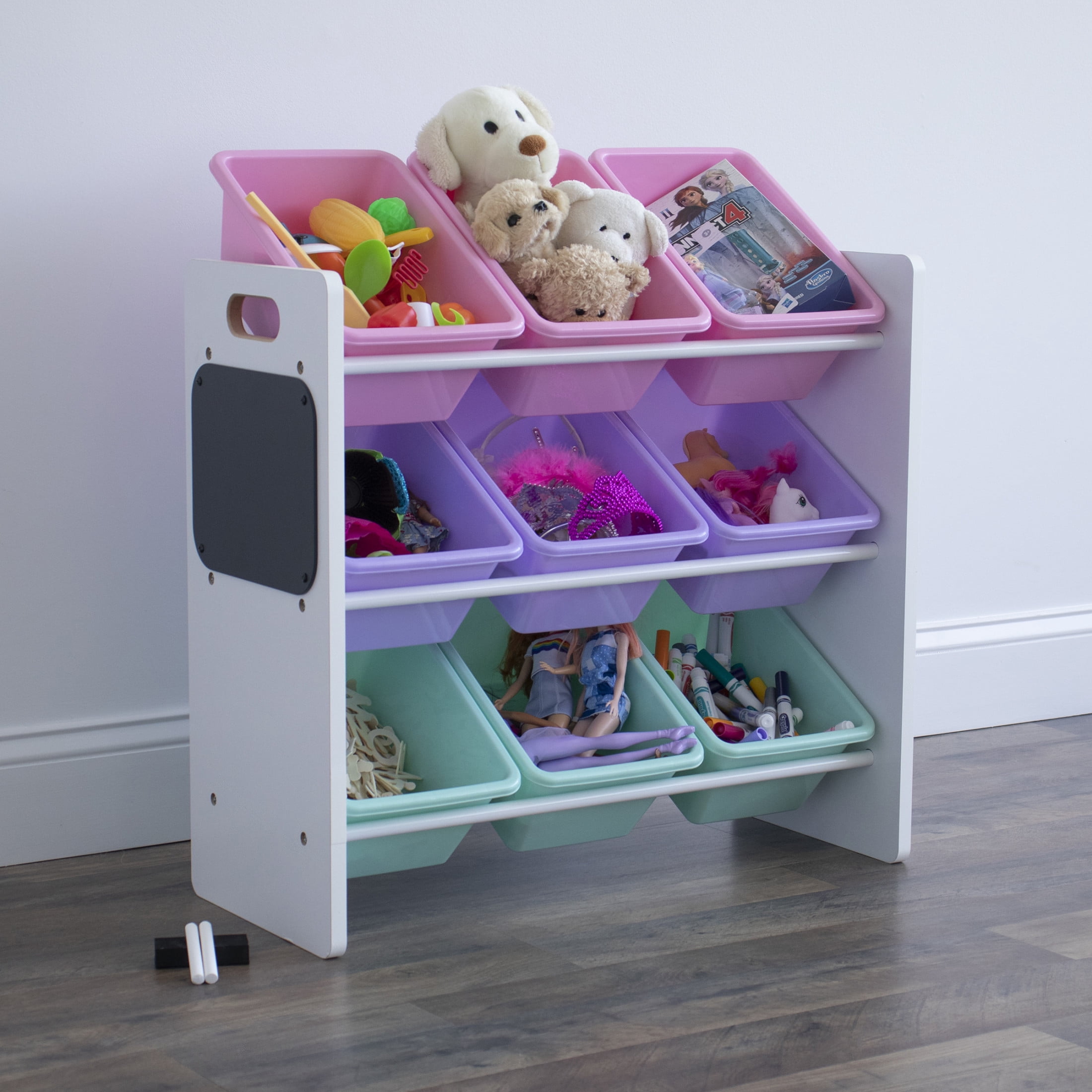 Humble Crew Kid's 9 Plastic Bin Toy Storage Organizer with Chalkboard Side Panel, Multi Color