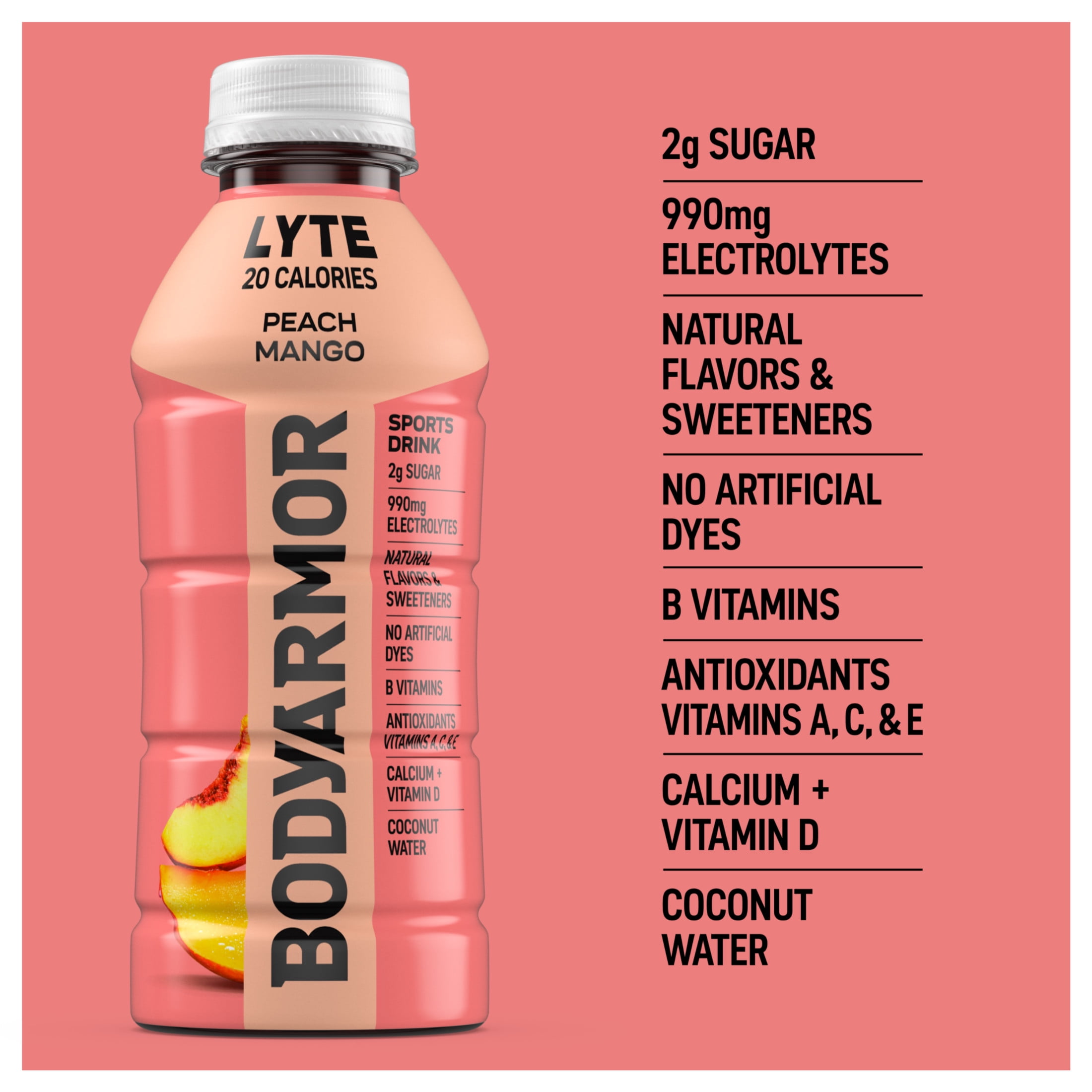 BODYARMOR Lyte Peach Mango Electrolyte Sports Drink Bottle, 16 fl oz