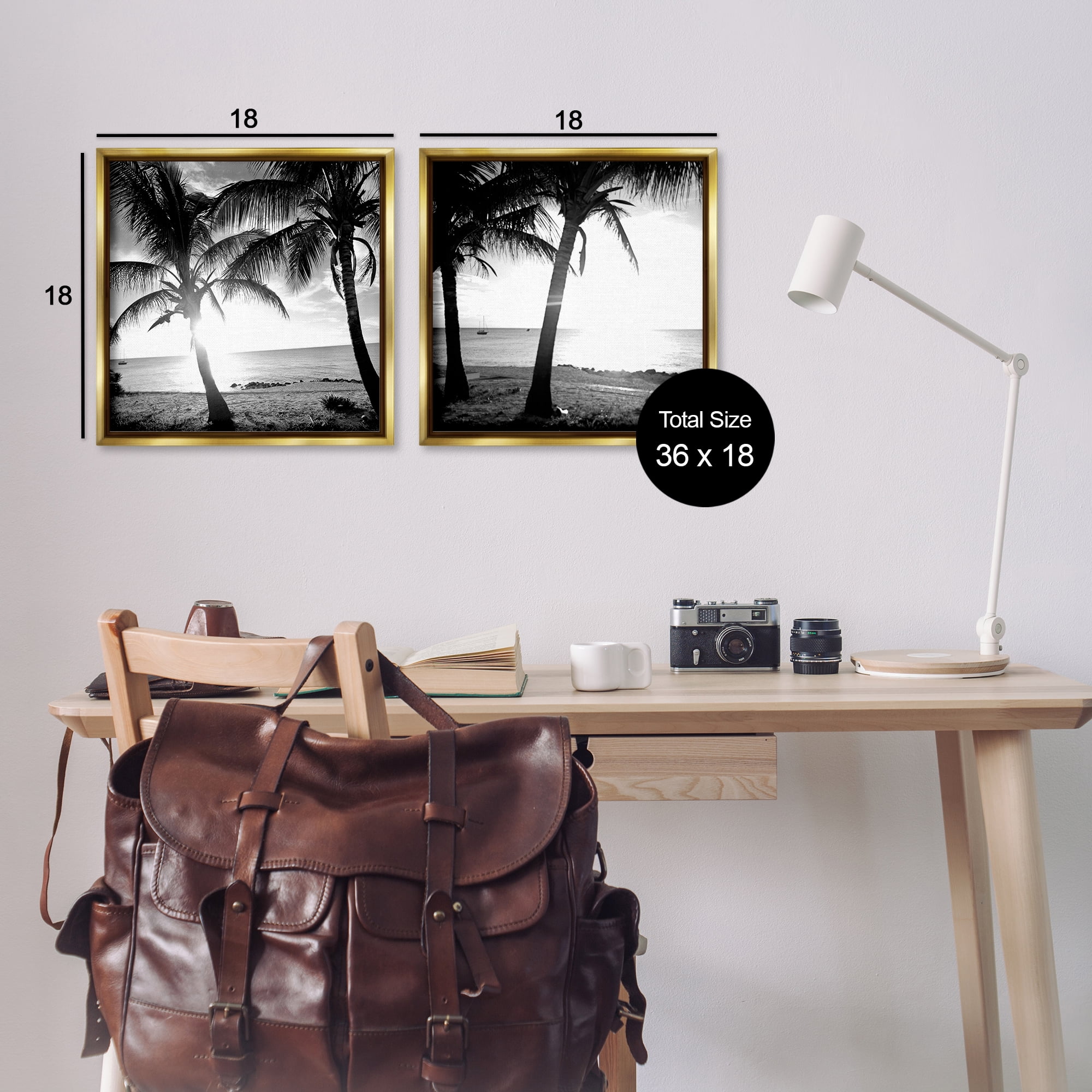 Stupell Industries Tropical Palm Sunset Landscape & Nature Photography Gold Floater Framed Canvas Art Print Wall Art, 18 x 18, Set of 2