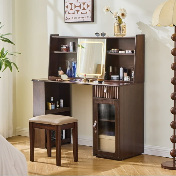 Elegant makeup vanity desk with 3 modes Adjustable Lighted Mirror,modern dressing table set with large shelves, drawer and canbinet,Walnut