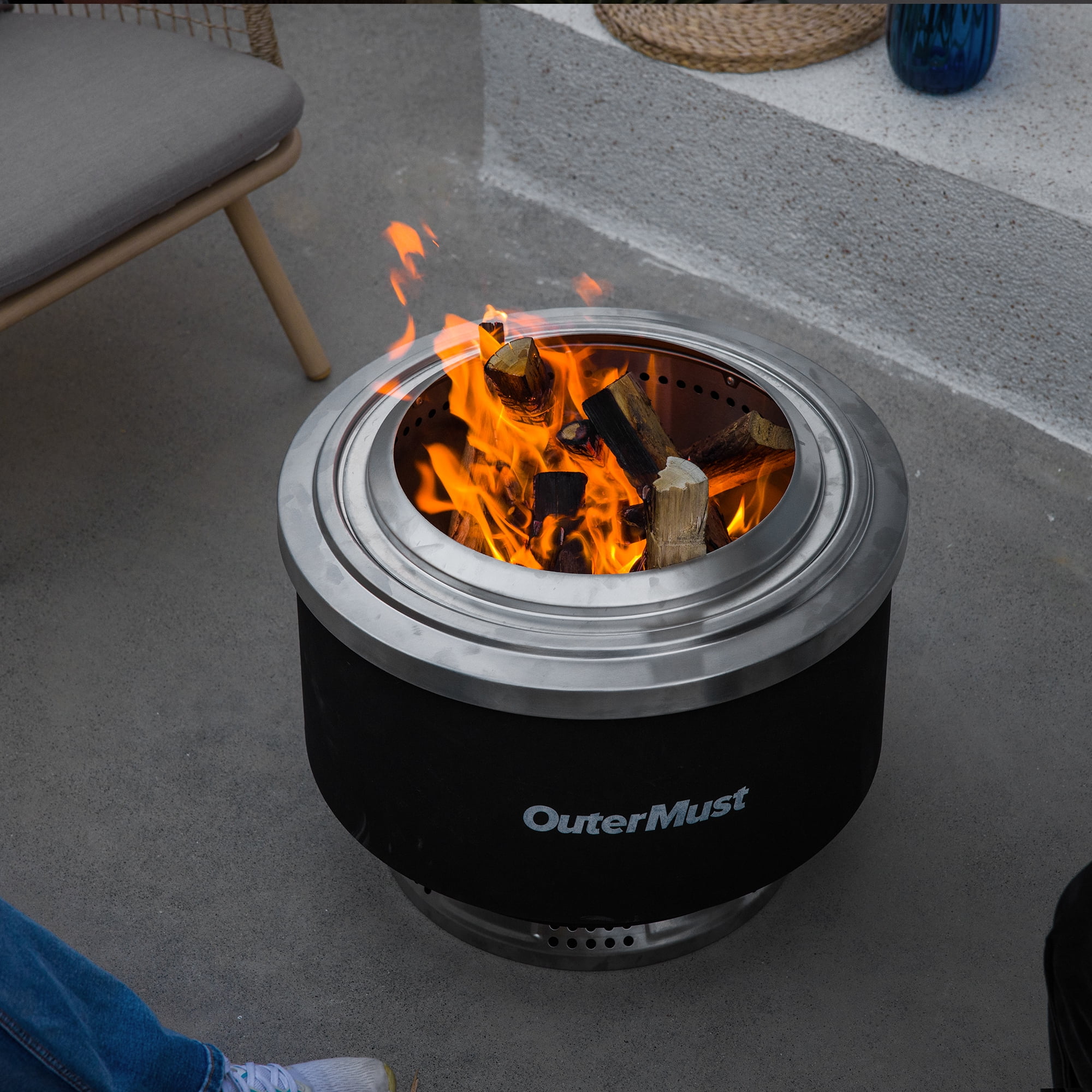 OuterMust 24\"Stainless Steel Smokeless Fire Pit Wood Burning Fireplace with Protective Insulation Stand and Ash Pan for 5-7 Persons