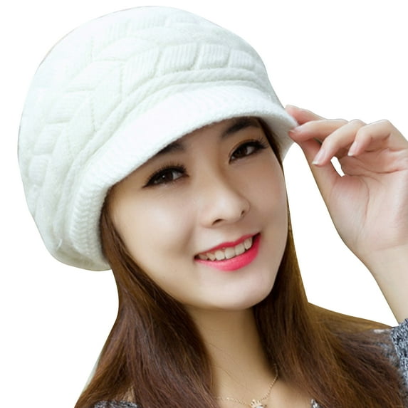 UDIYO Visor Beret Cap Peaked Slouchy Plush Lining Stretchy Plain Ears Protection Solid Color Autumn Winter Women Knitted Hat for Outdoor