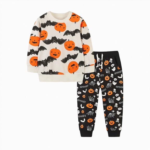 TOWED22 Baby Boy Halloween Outfit Pumpkin Sweatshirt Drawstring Long Pants Toddler Fall Clothes,Beige,5-6 Y