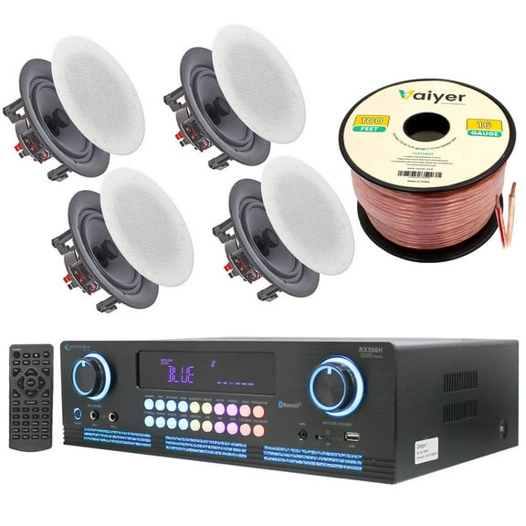 Home Theater System Kit - 2000 Watts Bluetooth Amplifier with 5.25 6 QTY 200 W in-Wall in-Ceiling Speakers And 2 Qty of 16 Gauge 100 ft. Speaker Wire by Technical Pro