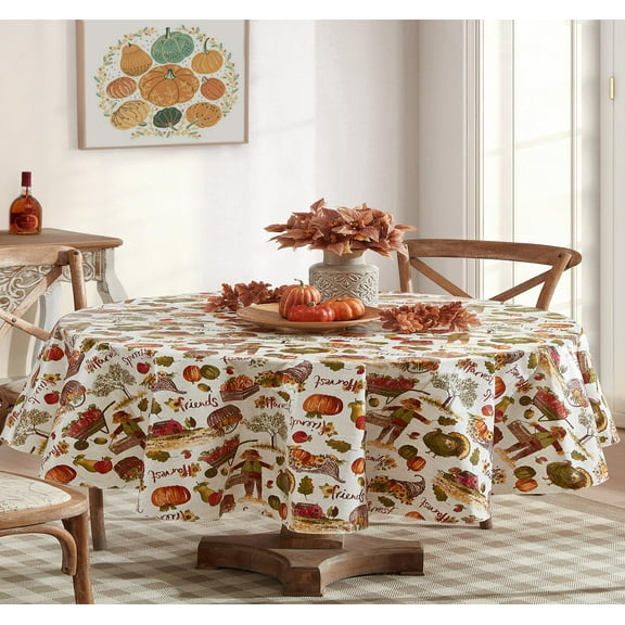 Thanksgiving Country Pumpkin Farm Oval Vinyl Tablecloth with Flannel Backing, 60 x 84 inch