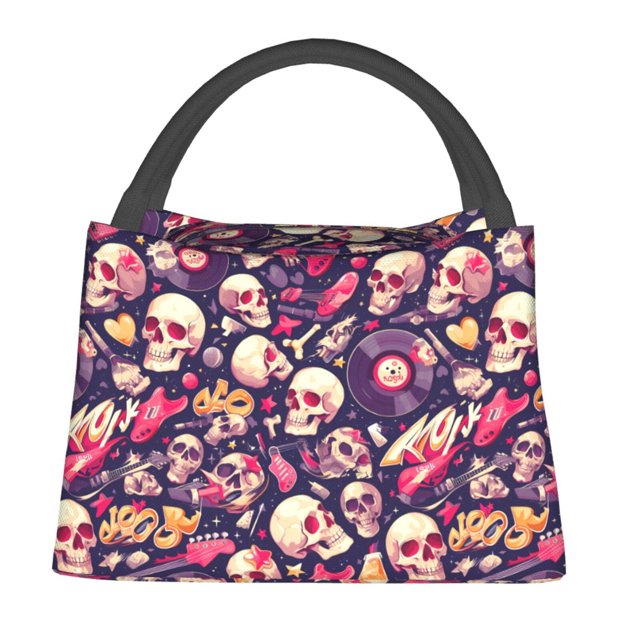 Easygdp music Skull record Guitar Bolsa de Almuerzo Insulada Reutilizable, Bolsa de Mano y Bandolera para Oficina, Trabajo, Viajes