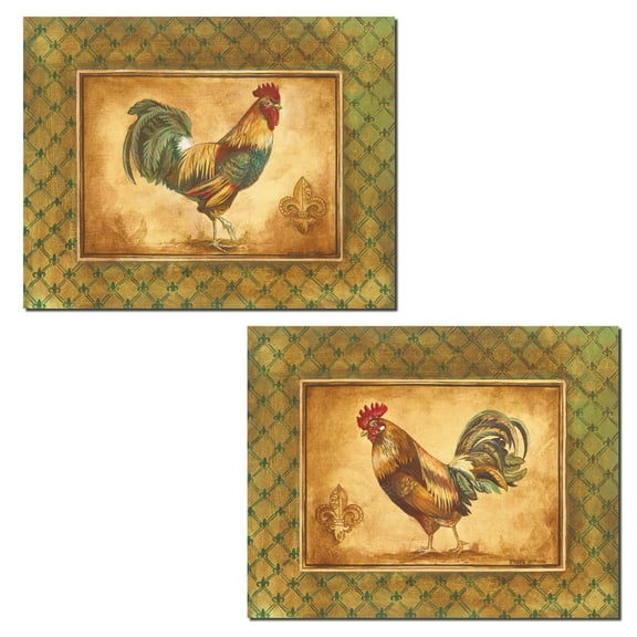 2 Fleur de Lis Country Rustic Rooster Set; Two 10X8 Poster Prints
