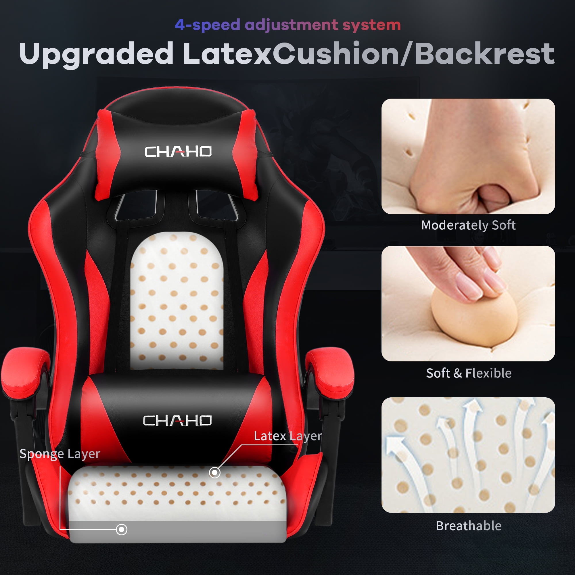 Gaming Chair, Brochao Ergonomic Office Gaming Chair Computer Racing Chair with Footrest Lumbar Support Headrest and Bluetooth Speakers for adults, Red