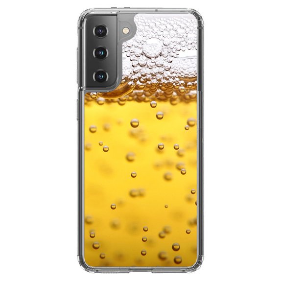 DistinctInk Clear Shockproof Hybrid Case for Galaxy S21  PLUS 5G (6.7" Screen) - TPU Bumper, Acrylic Back, Tempered Glass Screen Protector - Beer Glass Foam Bubbles
