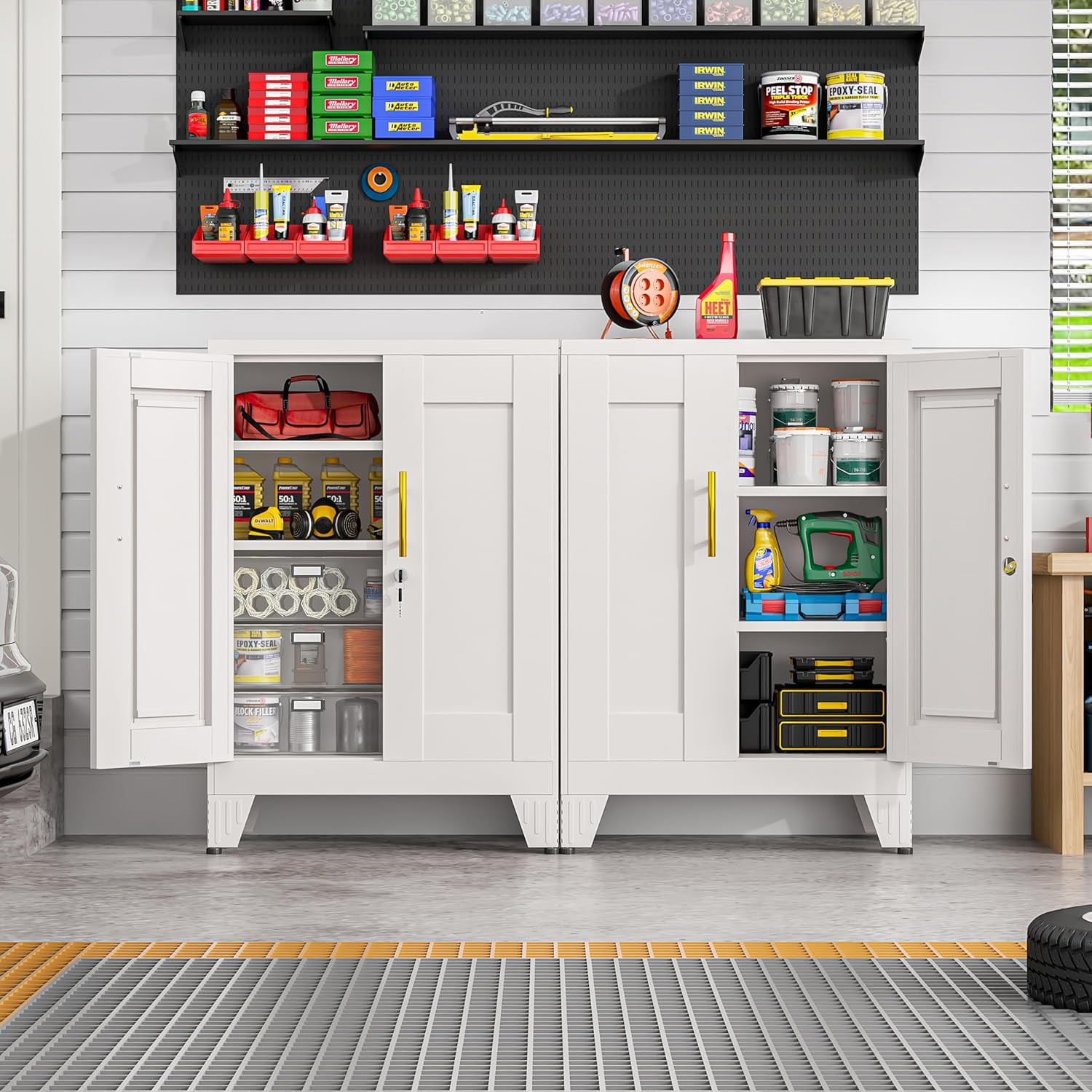 LEHOME 36" White Floor Storage Cabinet, Locked Metal Storage Cabinets with 2 Doors and 2 Adjustable Shelves, Sideboard Buffet Cabient, Freestanding Cabinet for Home/Office/Garage/Tool Room/Bathroom