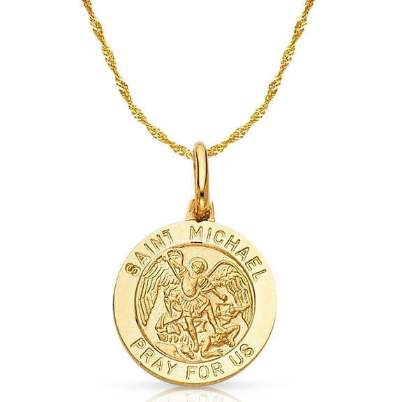 14K Yellow Gold St. Michael Pray For Us Charm Pendant with 0.9mm Singapore Chain Necklace - 16"