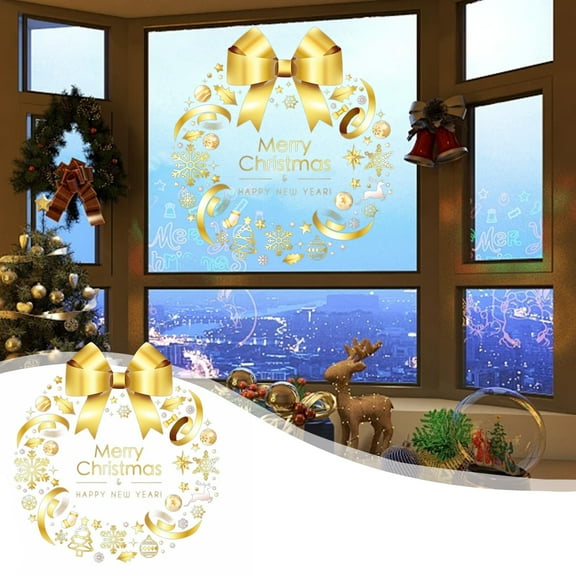 HomeKingdee Winter Large Gold Wreath Clings Christmas Wreath Window Stickers Large DIY Static Wall Window Door Mural Showcase Decal Sticker