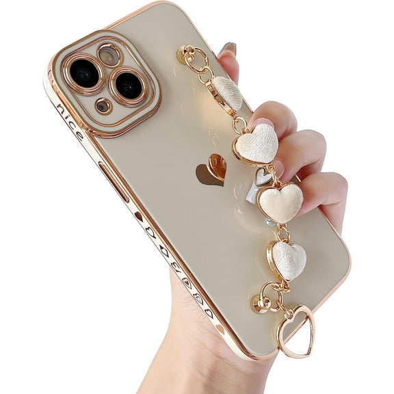 Cute Plating Love Heart Wrist Strap Chain Bracelet Soft Compatible with iPhone Case for Women Girls (White,iPhone Xs Max)