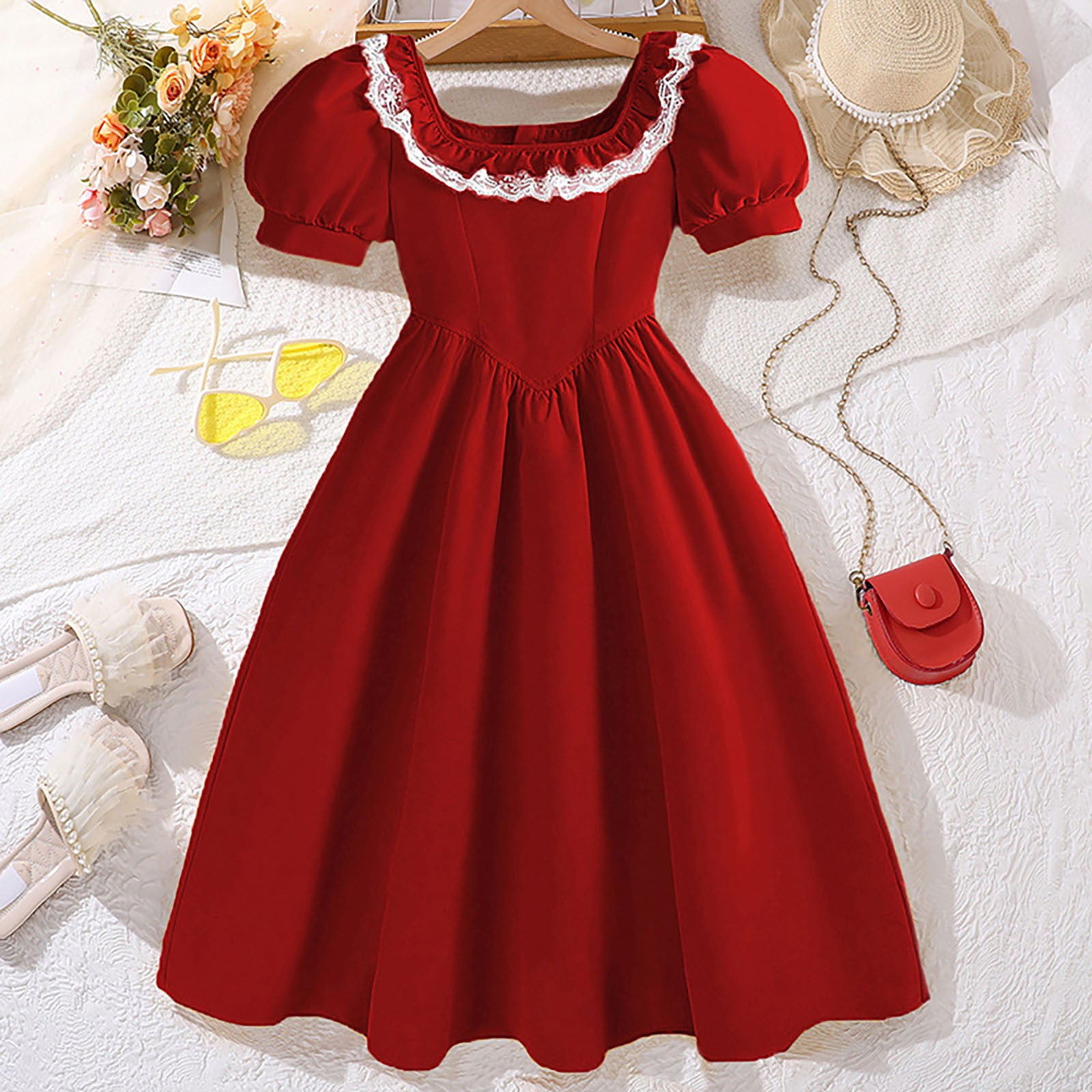 PINQI Kids Party Birthday A Line Dress Girls Square Neck Dress Summer Solid  Color Fly Sleeves Back Bow Tie Dress A-Line Mini Dress(Red-2