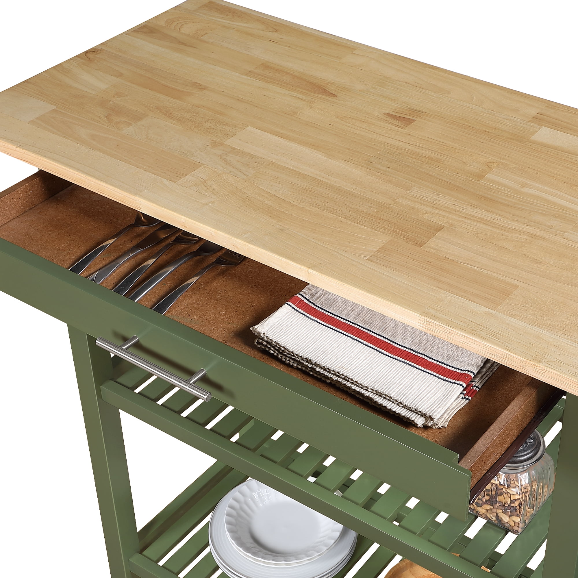 Convenience Concepts Designs2Go 3 Tier Butcher Block Kitchen Prep Island with Drawer, Dark Sage Green/Butcher Block