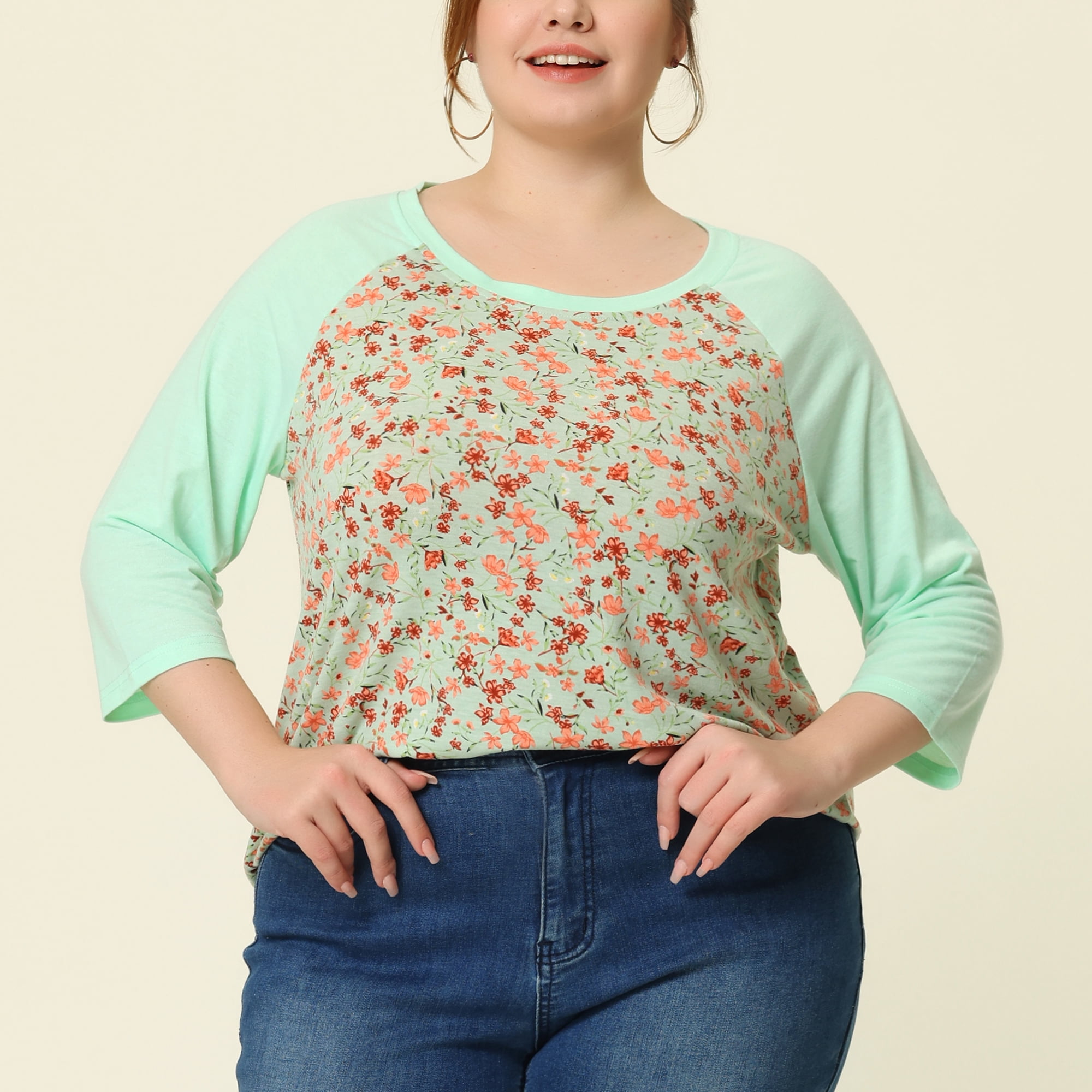 DARING DIVA Women's Plus Size Raglan Crewneck 3/4 Sleeve Floral Tunic Tee 2X Green