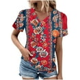 thumbnail image 2 of JTZGDY Womens Summer Short Sleeve T-Shirts Cute Floral Printed Button Wrap Cross V Neck Graphic Tunic Tops Trendy Business Work Blouse Red#01 M, 2 of 6