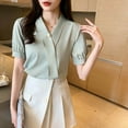 thumbnail image 4 of Olyvenn Women's Fall 2025 Casual Blouses Short Sleeve V Neck Solid Button Front Puff Sleeve Blouse for Top Shirt Tee Green XXXL, 4 of 5