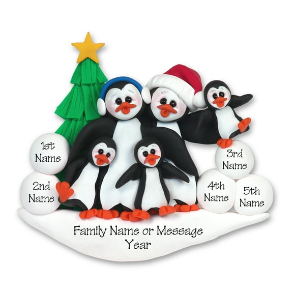 Penguin Family of 5 Personalized Christmas Ornament
