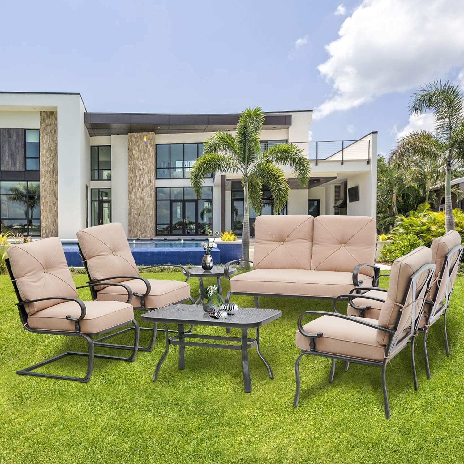 SOLAURA 7-Piece Patio Furniture Outdoor Metal Conversation Set (2 Spring Chairs, 2 Patio Chairs, Loveseat with Coffee Table and Side Table) - Brown