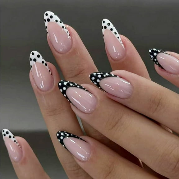 24PcsABS Press On Nails Minimalists French Manicure Polkas Dots Patterns Quickly Art False Nails For Busy Ladies