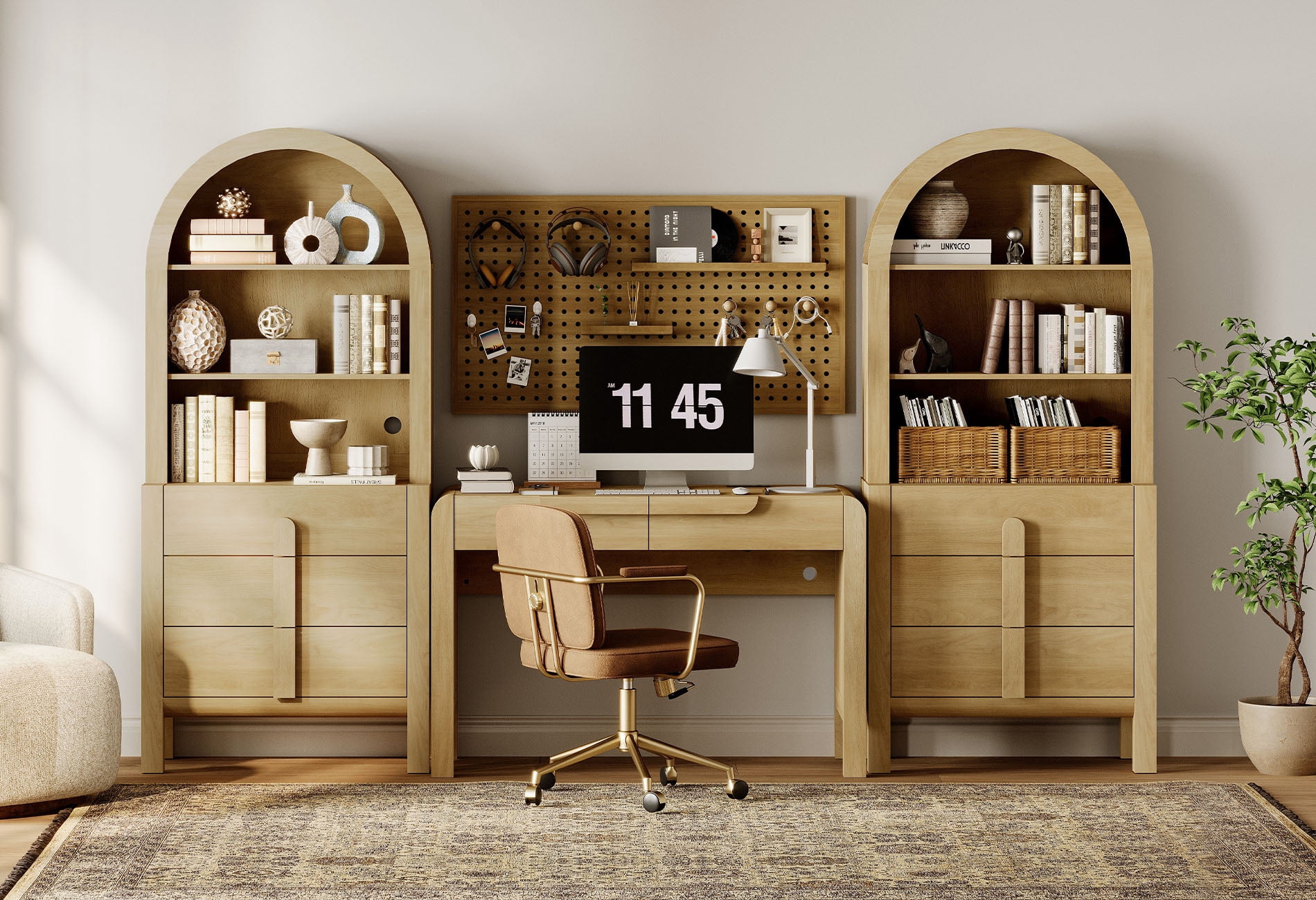 Home Office Set, 47" Modern Executive Desk with Charging Station and Drawers & 2 Piece 71"H Tall 3-Tier Arched Bookcases with Open Storage for Living Room, Bedroom, Home Office