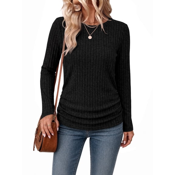Ronuti Long Sleeve Shirts for Women Side Ruched Ribbed Knit Crewneck Fall Tops