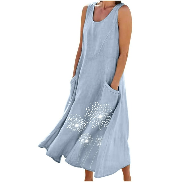Staron Robes Décontractées Bleues pour Femmes Robe d'Été Sans Manches Robe de Plage Vacances Grande Taille Décontractée Fluide Unie Col Rond Coton Lin Longues Robes avec Poches TG