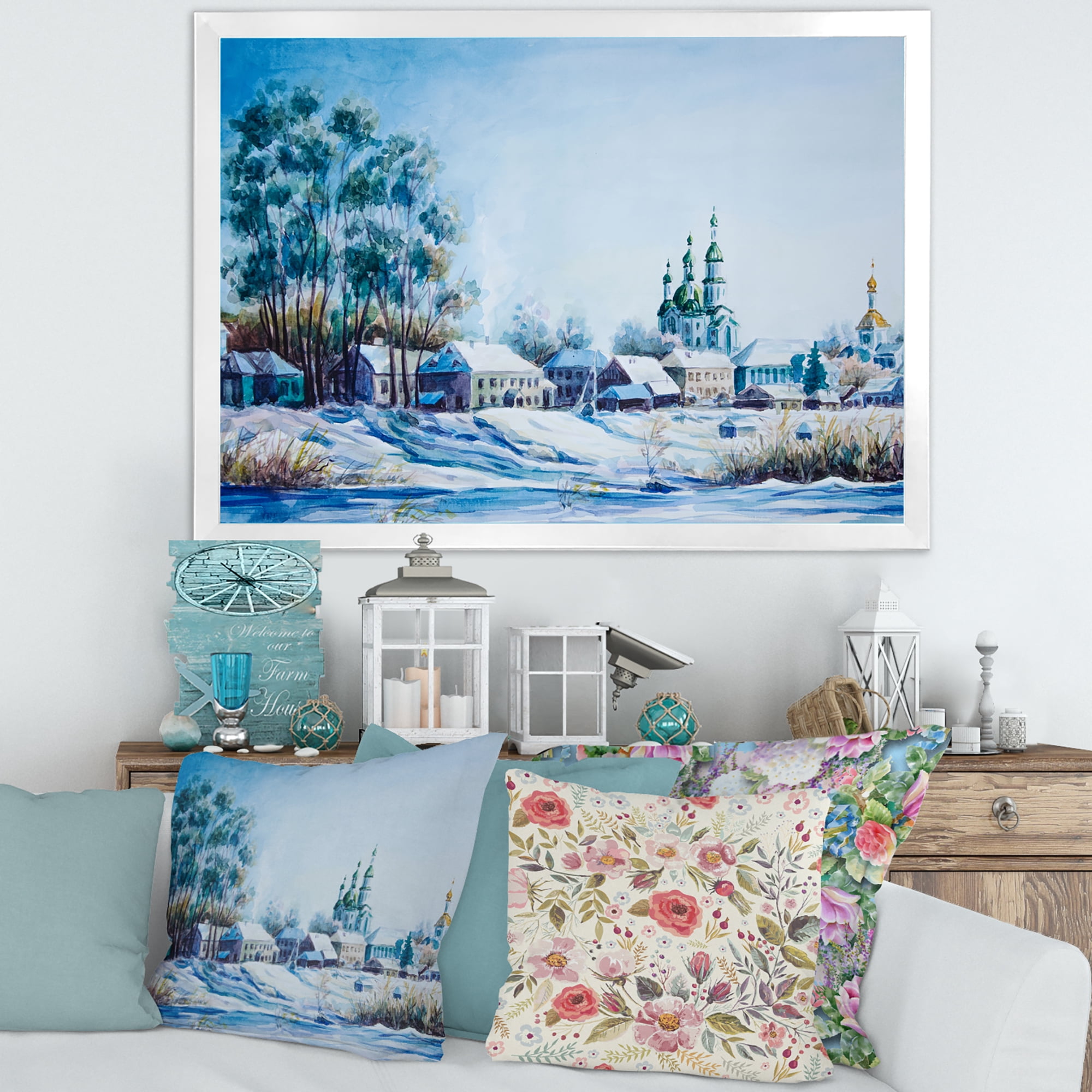 Designart 'Small Town Covered In Snow In Winter Times' Traditional Framed Art Print