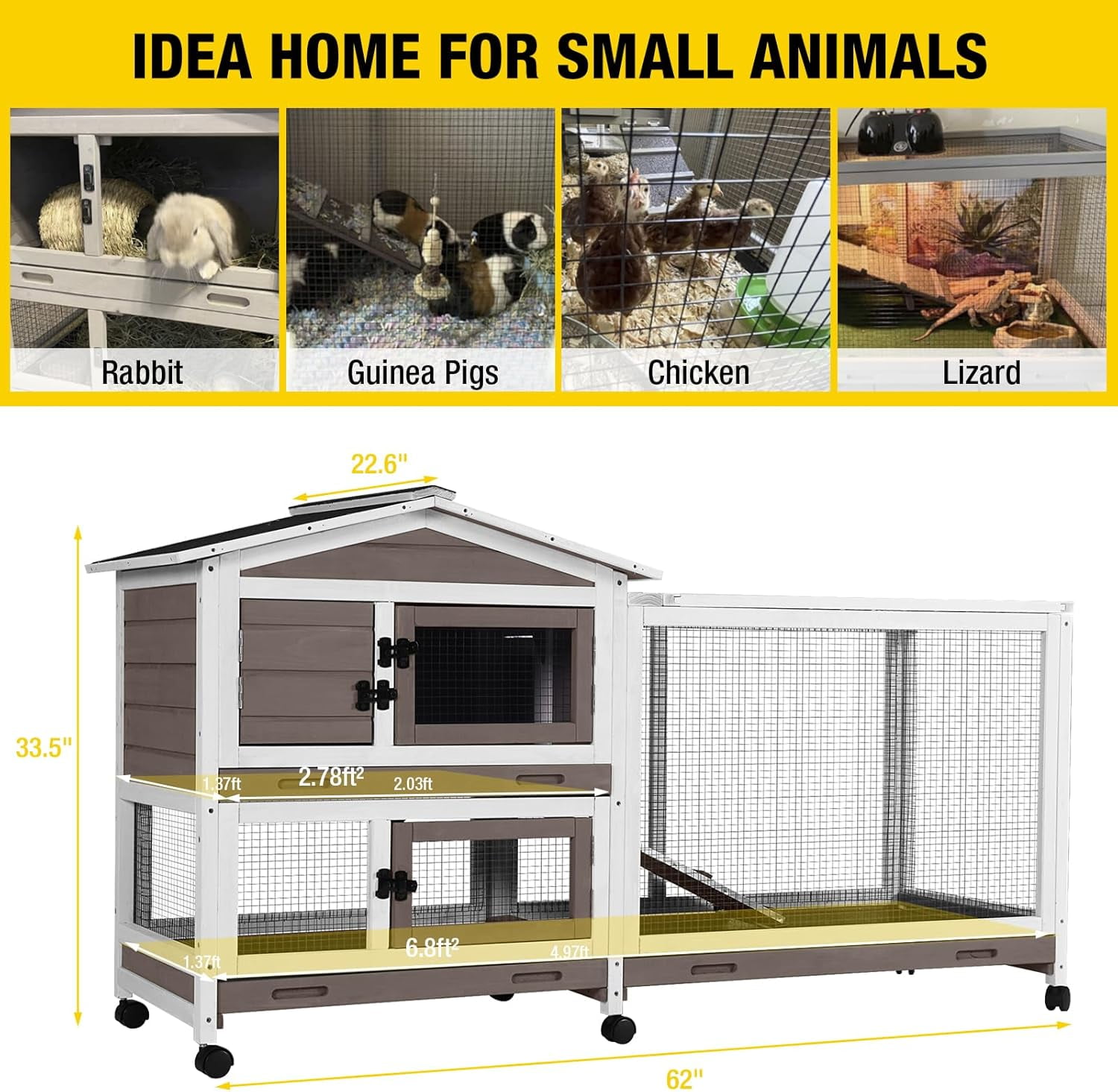 Aivituvin Rabbit Hutch Wooden Bunny Cage Indoor Outdoor Guinea Pig Cage on Wheels Large