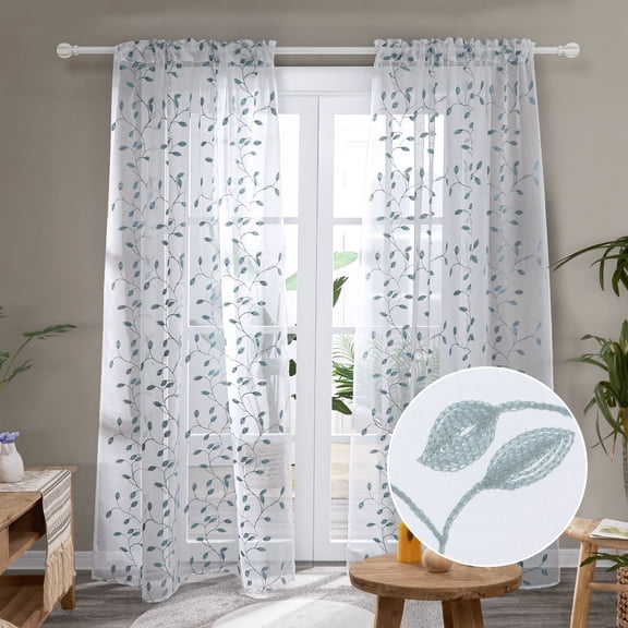 Deconovo Sheer Curtains 54 inch Length Floral Curtains for Living Room - 2 Panels, Each 52x54 in, Agate Green