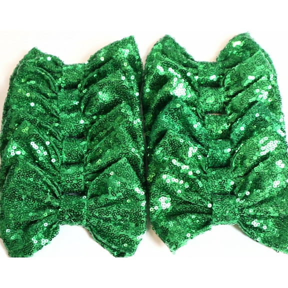 Set of 12 Green Sequin Bows 5 Inches Large Glitter Bows Wholesale Bows, DIY Fabric Hair Bows - No Clips