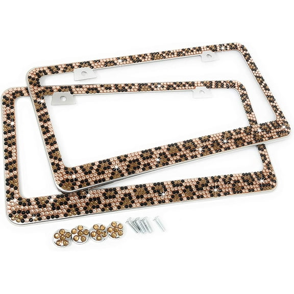 Premium 2  Shining Crystal License Plate Frame Free Crystal Cap Screw (Leopard)