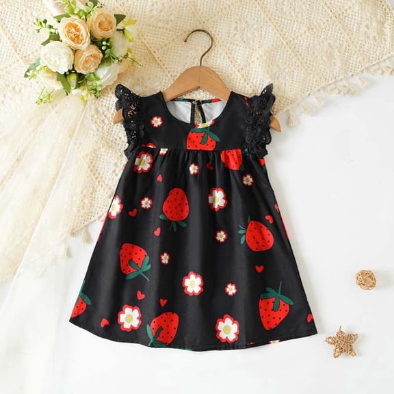 Guzomy Kids Kids Girl Dress, 12-18M Girl Summer Strawberry Print Ruffle Sleeve Sundress, Comfortable A-line Daily Party Outfit for Girls,Black