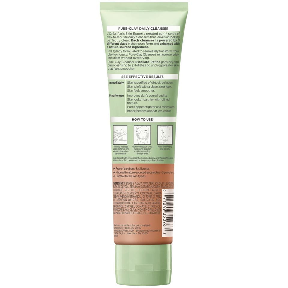 L'Oreal Paris Pure-Clay Nettoyant Quotidien avec 3 Argiles Minérales + Algues Rouges pour  Peau Rugueuse, 140 ml