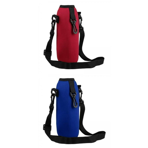2 fundas para botellas de agua de 750 ml con correa para el hombro. rojo azul