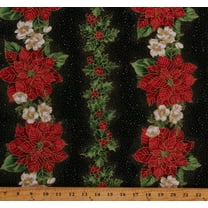 Cotton Poinsettia Holly Berries Flowers Floral Plants Christmas Holidays Winter Glitter Sparkle Shimmer Black Cotton Fabric Print by the Yard (HOLIDAY-CM1277-BLACK)