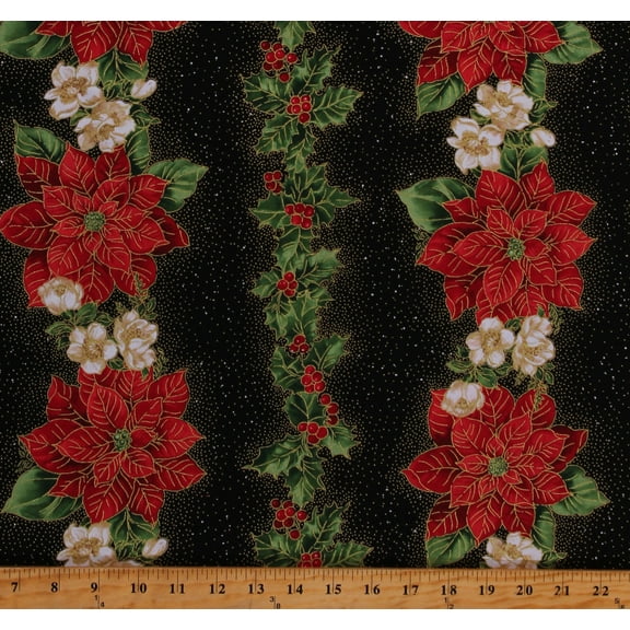 Cotton Poinsettia Holly Berries Flowers Floral Plants Christmas Holidays Winter Glitter Sparkle Shimmer Black Cotton Fabric Print by the Yard (HOLIDAY-CM1277-BLACK)