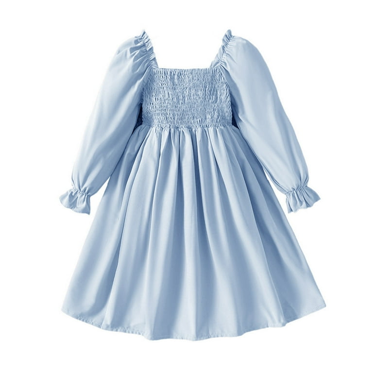 Girls' Dresses Kids Summer New Skirt Long Sleeved Ruffled Skirt High Waist Dress  Baby Girl Dress Light Blue 6 Years-7 Years