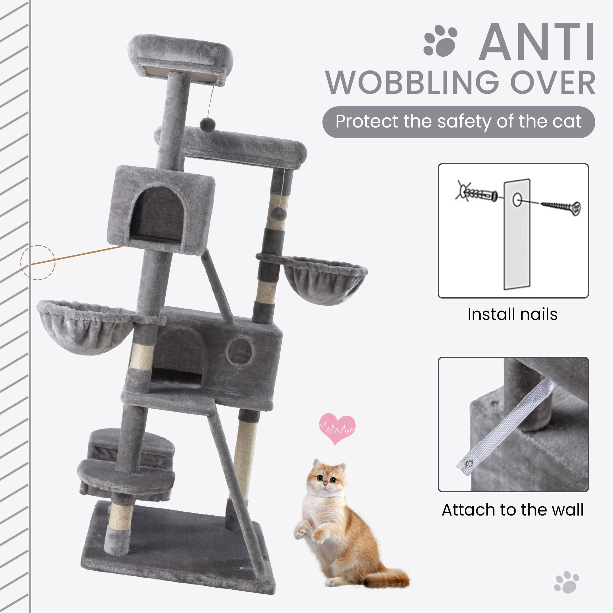 Merrland 65.7 " Large Cat Tree Tower and Condo for Cats with Hammock & Scratching Posts, Grey