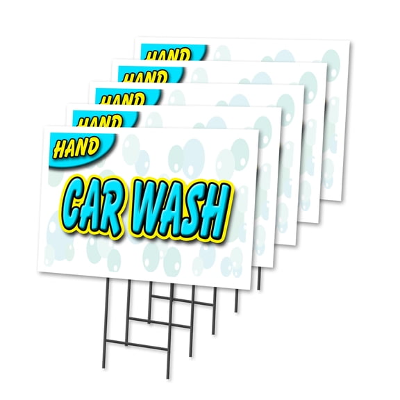 HAND CAR WASH 5 Pack Of 12" x 16" Yard Sign & Stake | Advertise Your Business | Stake Included Image On Both Sides | Made in The USA