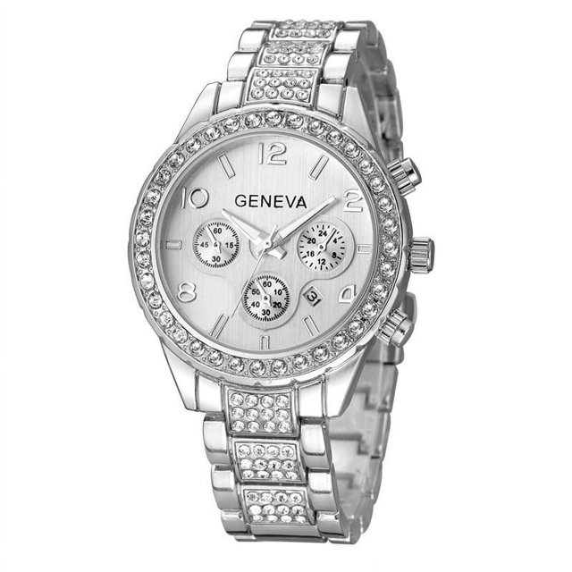 Reloj de mujer, reloj de hombre con calendario y correa de acero con tres esferas de diamantes