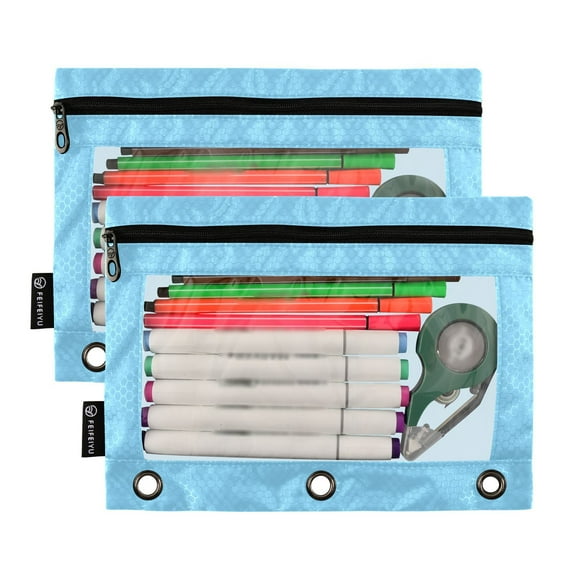 Ckdifva Blue Color Pencil Pouch 3 Ring Zipper Pencil Case Binder Pockets Clear Top Cosmetic Bag 2 Pack
