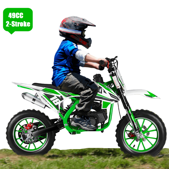 Xssm Kids Mini 49cc Gas Dirt Bike, 2-Stroke Ride-on Motorcycle with 10" Off-Road Tire, Disc Brakes, Green/White