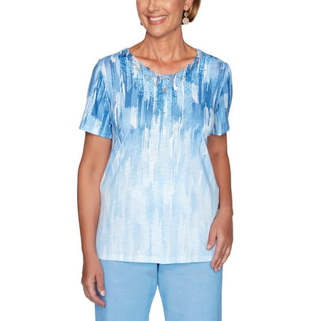 Alfred Dunner Women's Garden Party Abstract Ombre Knit Top, Blue, Large