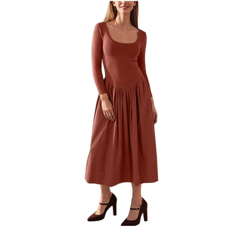 SMihono Dresses for Women Fashion Square Neck Long Sleeve A-Line Midi Dress  Lightweight Comfy Casual Solid Fall Outfits Brown L - Walmart.com